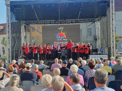 der Reuterchor gemeinsam mit den Peenekosaken auf dem Marktplatz © Amt Stavenhagen